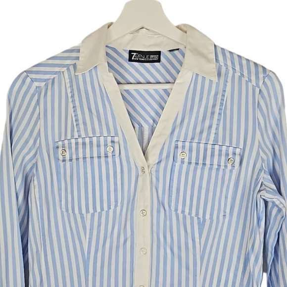 7th Avenue Classic Pinstripe Dress Shirt Light Blue, White Trim, Women's XS - Picture 2 of 6